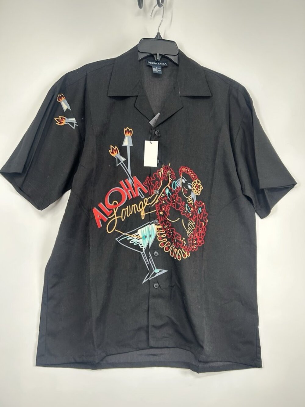 NWT OSCAR MISA "ALOHA LOUNGE"  PRINT BLACK 100% POLY  HAWAIIAN SHIRT SZ. M